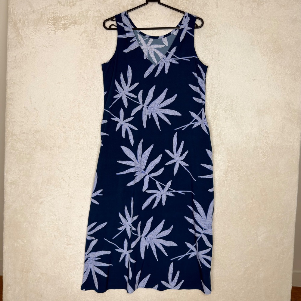 Title Nine Nimblene Midi Dress Navy Blue Tropical Palm Leaf Print Sleeveless S